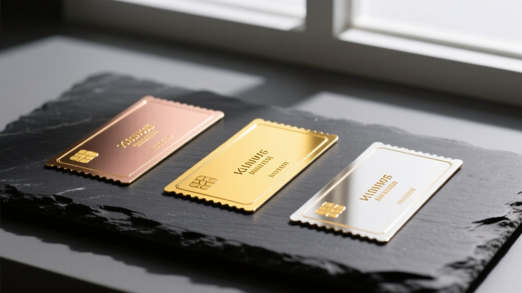 Three gold alloy coupons showing distinct color variations from rose to yellow to white gold resting on a dark matte slate surface
