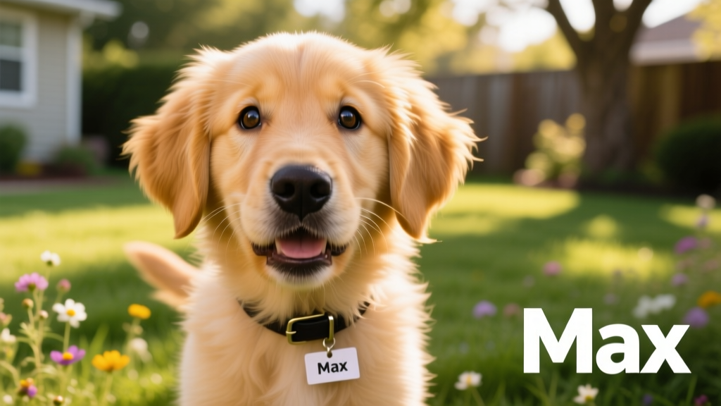A close-up of a joyful Golden Retriever puppy with soft golden fur and bright, curious eyes