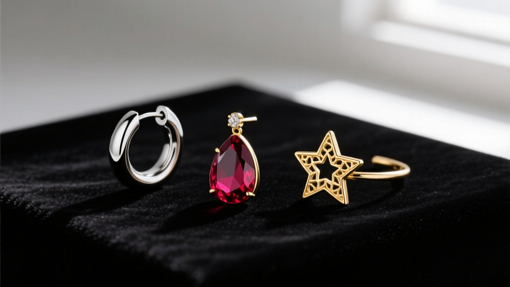 Flat lay of a festive ear stack featuring a 16g titanium huggie, a ruby drop earring, and a gold star ear cuff on black velvet.
