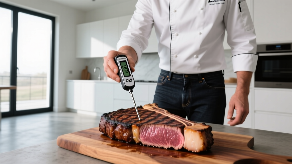 Man in a modern kitchen using a Thermapen ONE instant-read thermometer to check the internal temperature of a thick reverse-seared ribeye steak on a wooden board