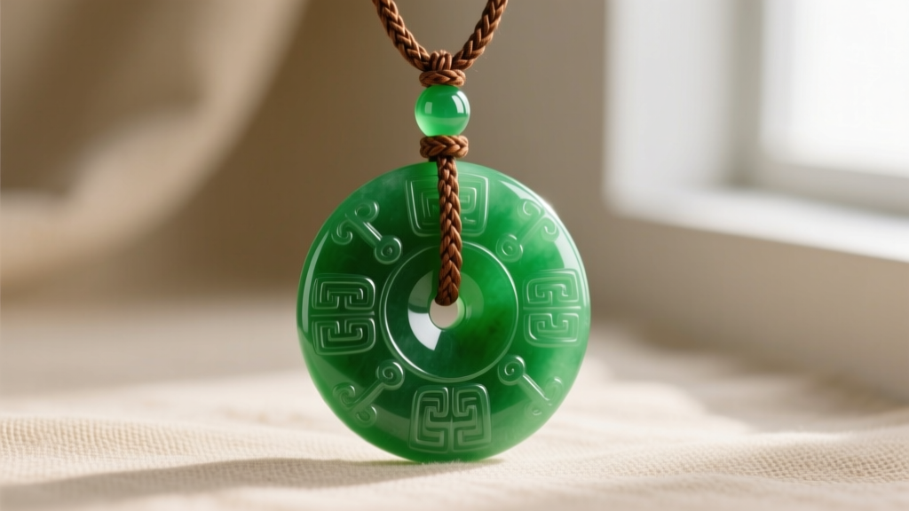 Close-up of vibrant emerald-green Type A jadeite bi disc pendant on a braided brown silk cord against soft beige linen.