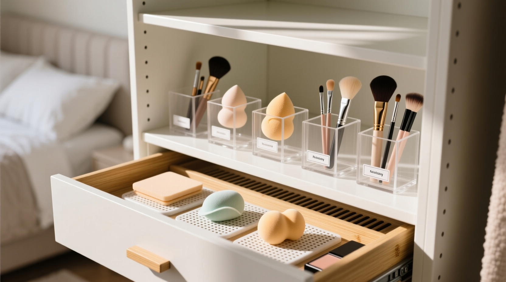 closet organization tips for beauty sponges brushes
