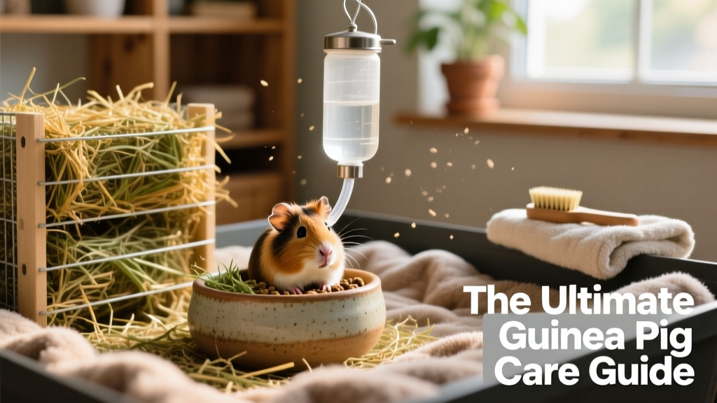 Close-up of a guinea pig cage setup: ceramic bowl, hay rack filled with timothy hay, water bottle, and soft fleece bedding