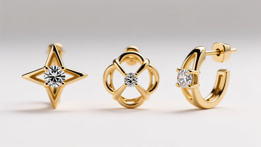 Side profile comparison of three earring settings: three-prong martini, four-prong basket, and modern tension mount in 14k gold