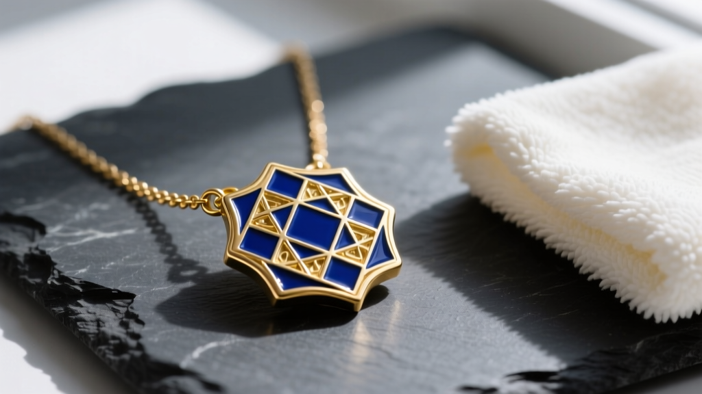 Close-up of a gold-plated brass necklace badge with blue hard enamel, resting on dark slate next to a soft microfiber cleaning cloth.