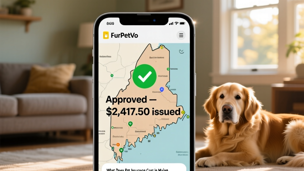 Close-up of a FurPetVo mobile app screen showing a submitted claim status: 'Approved — $2,417.50 issued' with a green checkmark and Maine map background