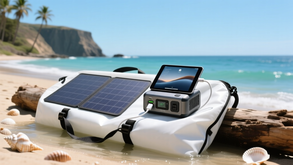 Portable solar generator and rugged USB-C docking station connected to a tablet on a waterproof dry bag at a sunny coastal campsite