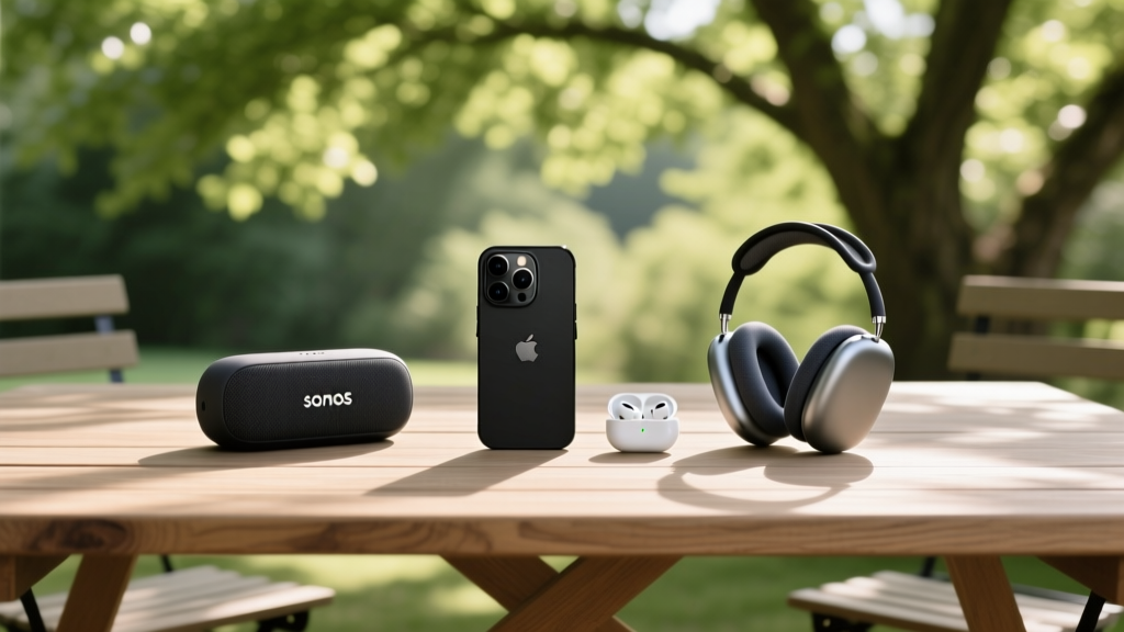 A flat lay of an iPhone 16 Pro, a Sonos Roam 2 speaker, and AirPods Max on a wooden outdoor table with dappled sunlight filtering through trees.