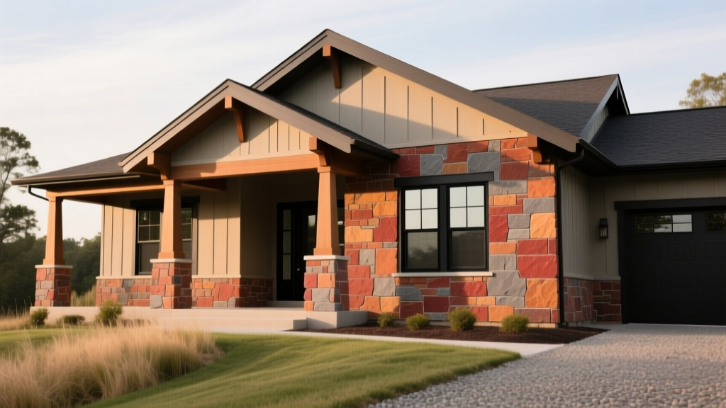 Exterior of a modern craftsman home featuring warm earth-tone manufactured stone veneer siding installed over a weather-resistant barrier