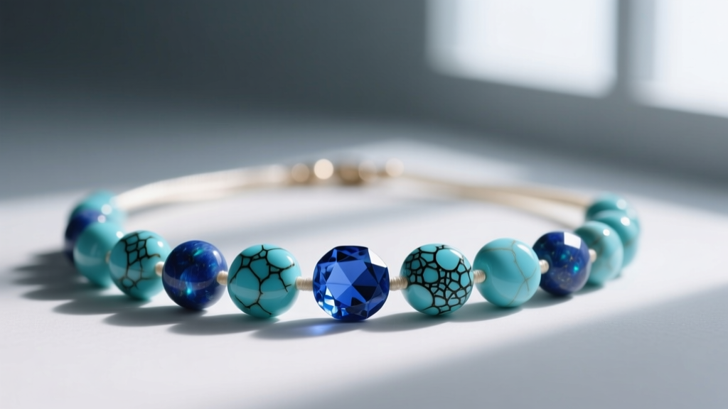 Macro shot of a beaded turquoise necklace with natural Sleeping Beauty stones and dark matrix webbing on slate.