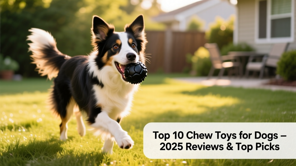 A playful border collie holding a black rubber toy ball in its mouth, outdoors on grass