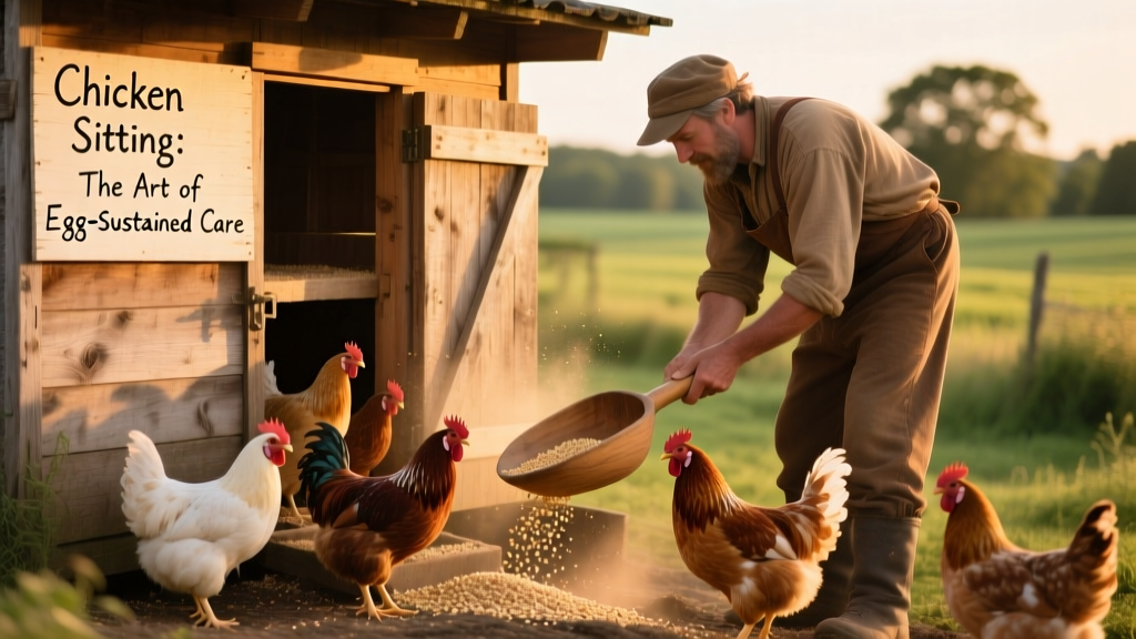 a chicken sitter feeding chickens inside a chicken coop