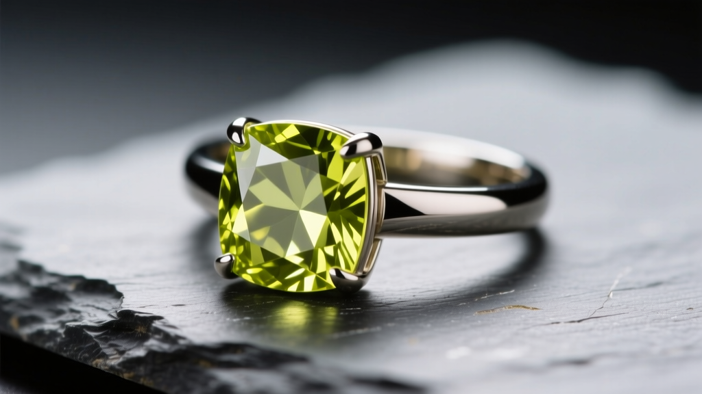 Macro shot of a bezel-set peridot ring on slate, revealing its vivid yellowish-green hue and sharp facets under bright studio light.
