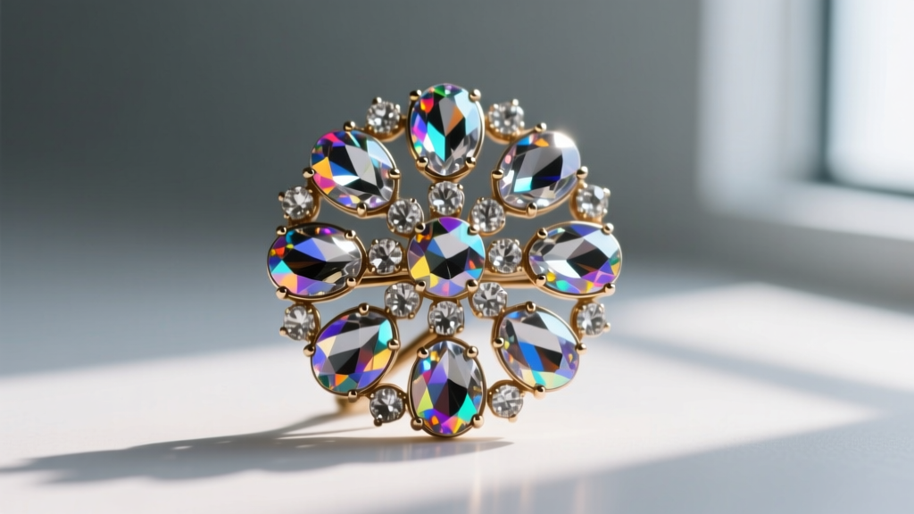Close-up of a vintage costume brooch with prong-set glass rhinestones and foil backing, lit to show high refractive sparkle
