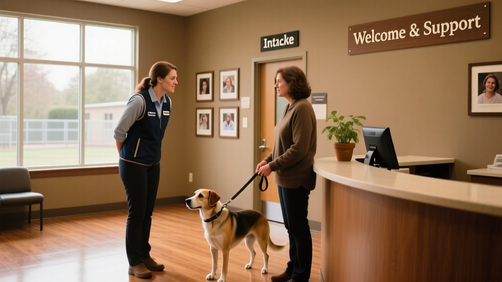 A calm, well-lit shelter intake area where a staff member speaks with a pet owner
