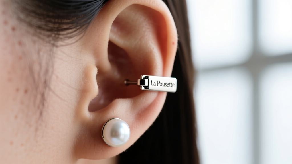 Side profile of an earlobe wearing a secure La Pousette safety clasp backing on a 6mm round white pearl stud, sharp macro focus.