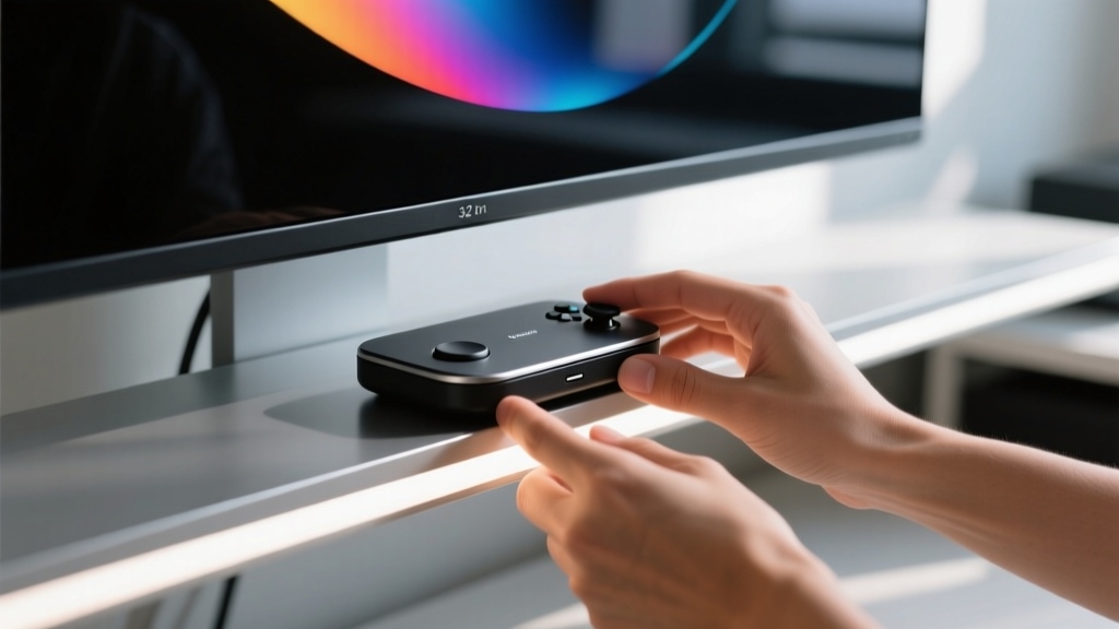 Close-up of hands adjusting the wireless puck controller on a monitor light bar mounted on a 32-inch curved ultrawide display