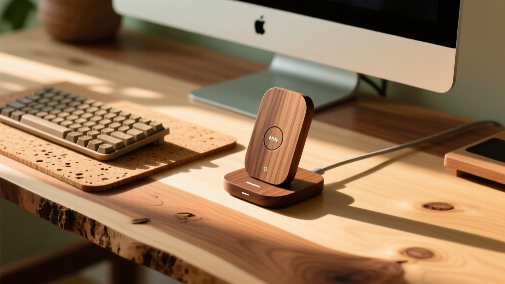 Sustainable home office desk featuring a walnut wireless charger, recycled plastic keyboard, and natural cork mat in warm sunlight