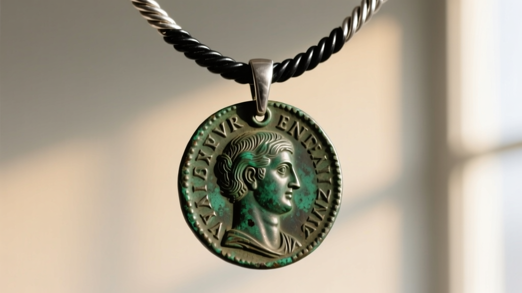 Macro shot of an ancient Roman bronze coin pendant with green patina hanging from an oxidized silver cable chain in natural light.