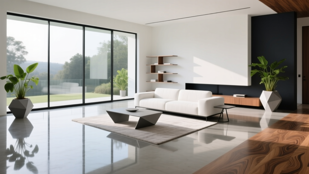 Modern living room featuring a highly reflective polished concrete floor reflecting large floor-to-ceiling windows and minimalist furniture