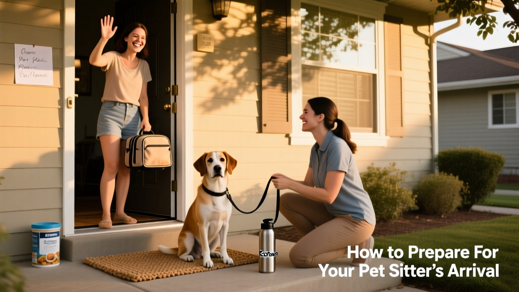 A cheerful owner waving goodbye at the front door while their pet sits calmly beside a smiling sitter holding a leash and a reusable water bottle