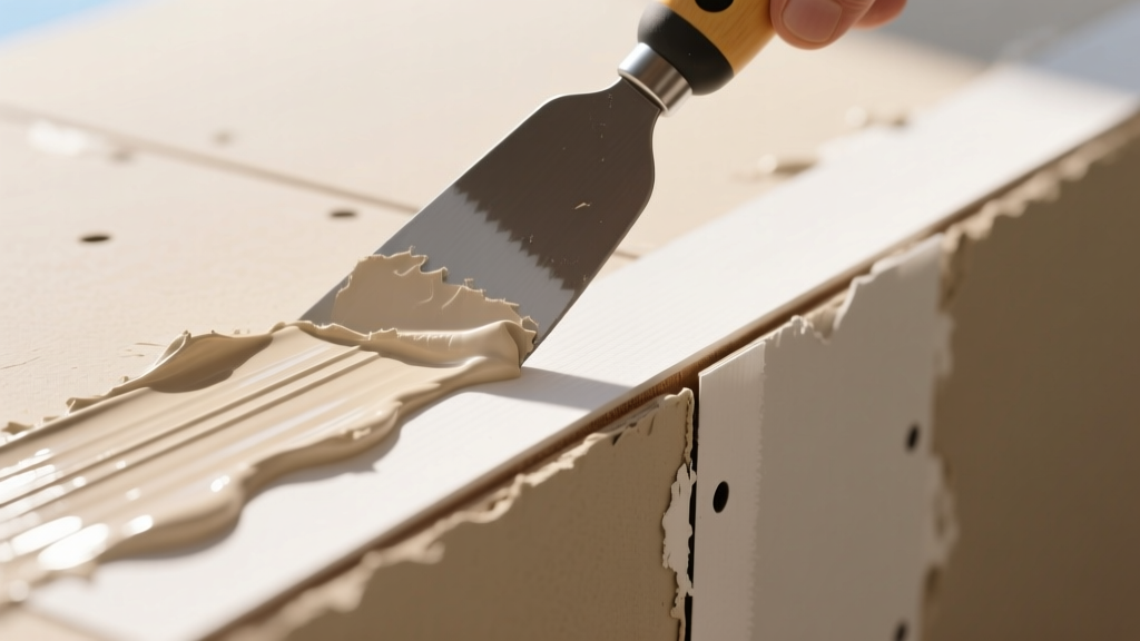 Paper gypsum board joint tape embedded in wet compound on a drywall seam, smoothed with a 10-inch taping knife under bright lighting