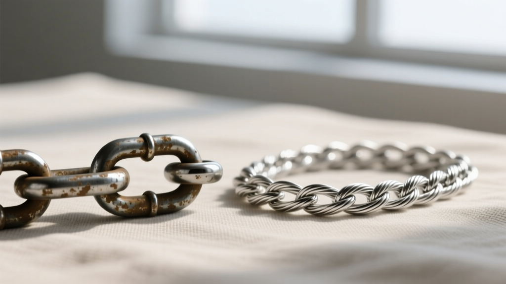 Macro shot comparing a tarnished base-metal chain link next to a bright 18-gauge sterling silver cable chain on neutral linen.