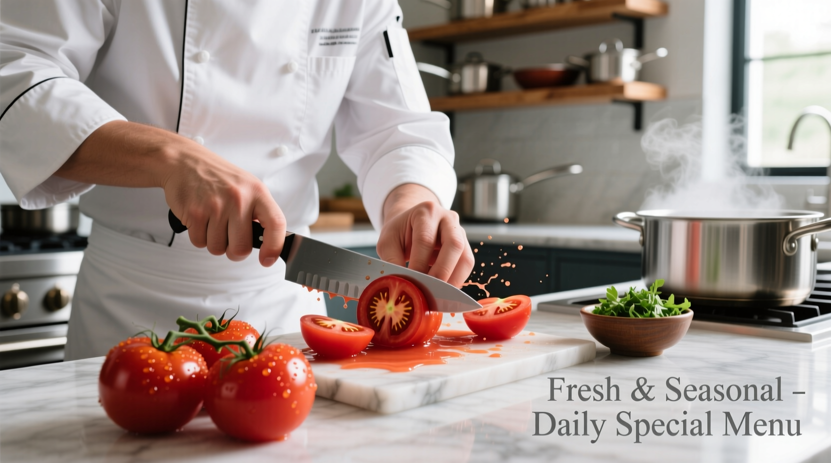 Chef preparing fresh plum tomatoes for menu items