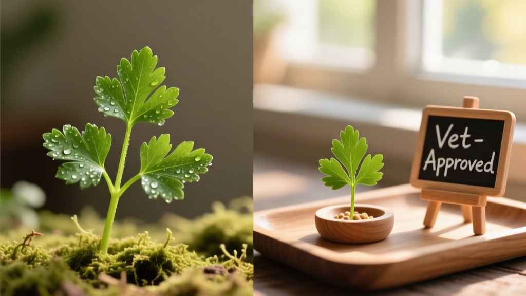 Side-by-side comparison: a whole parsley sprig vs. a single leaf sized appropriately for a hamster
