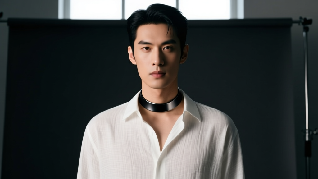 Man wearing a 5mm matte black titanium mens necklace choker over a white linen shirt against a moody, dimly lit studio backdrop
