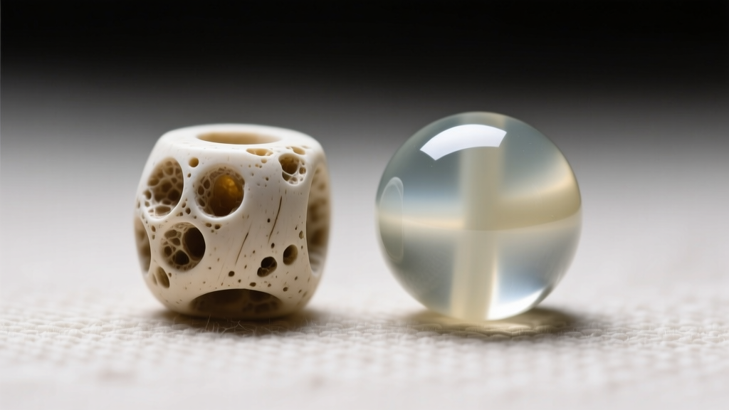 Macro comparison of porous organic bone beads and smooth synthetic resin imitation beads under bright directional jeweler lighting.