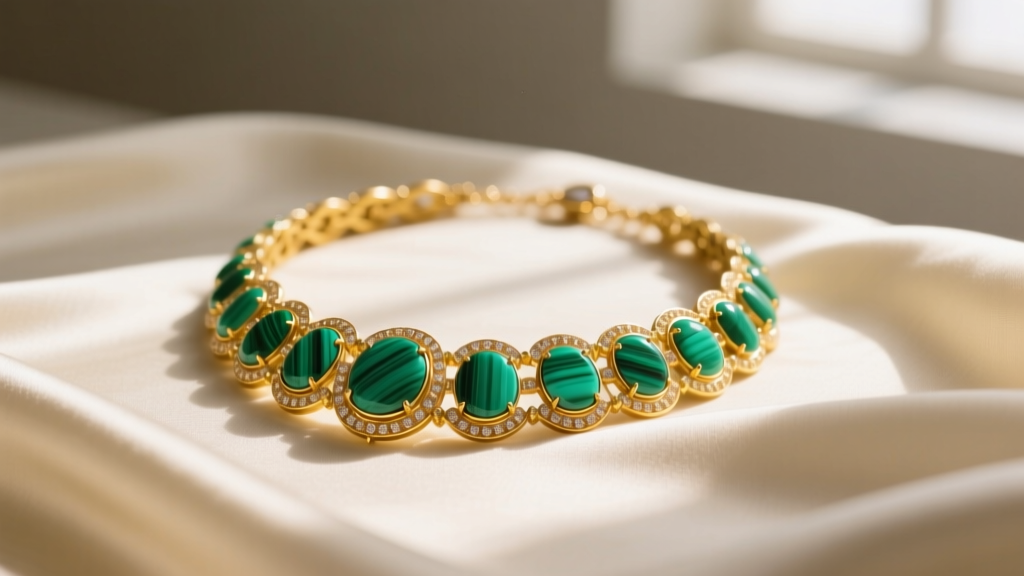 Yellow gold and green malachite Vintage VCA Alhambra necklace resting on cream silk fabric under soft, natural window lighting