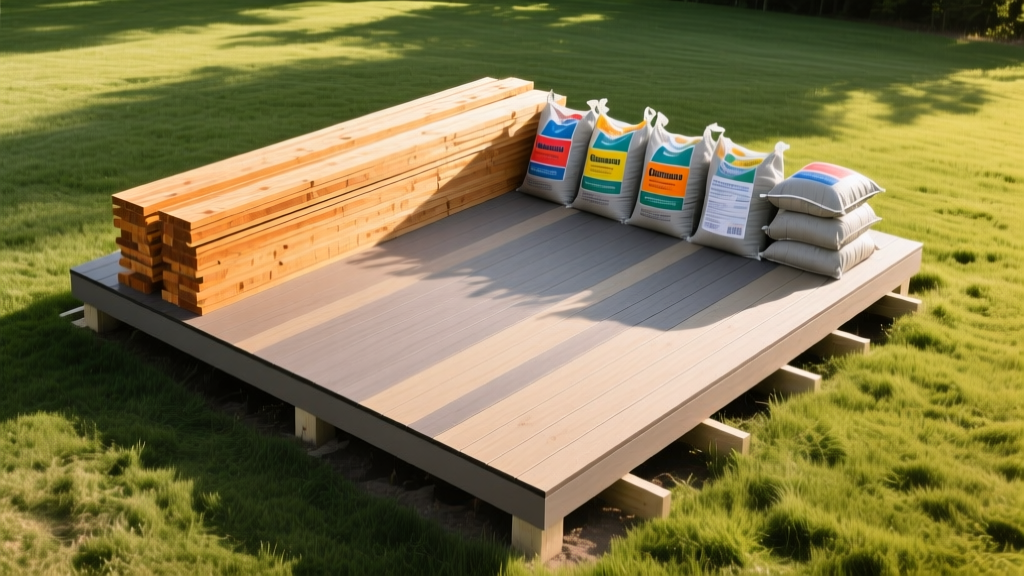 Overhead view of organized 12x12 deck materials on grass, featuring stacked pressure-treated joists, composite boards, and concrete bags.