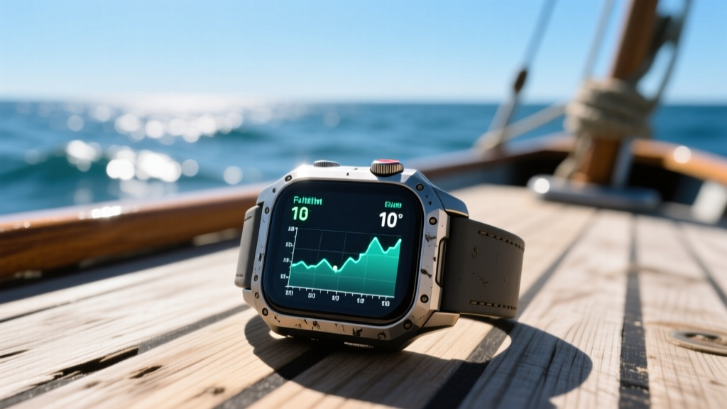 Close-up of a rugged smartwatch displaying real-time tidal charts and water temperature data on a sunny fishing boat deck