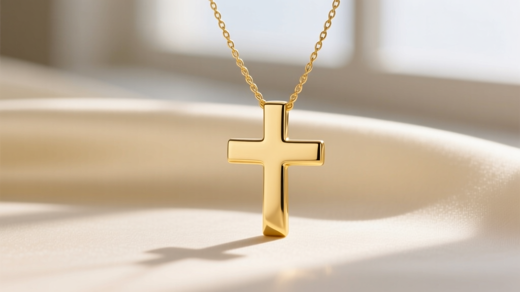Close-up of a minimalist 14k solid yellow gold cross pendant resting on a 1.5mm wheat chain against a soft cream silk background