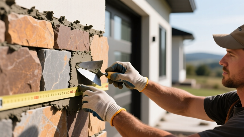 Close-up of a mason measuring and installing large-format 24x48 inch manufactured stone veneer panels on an exterior home facade with mortar