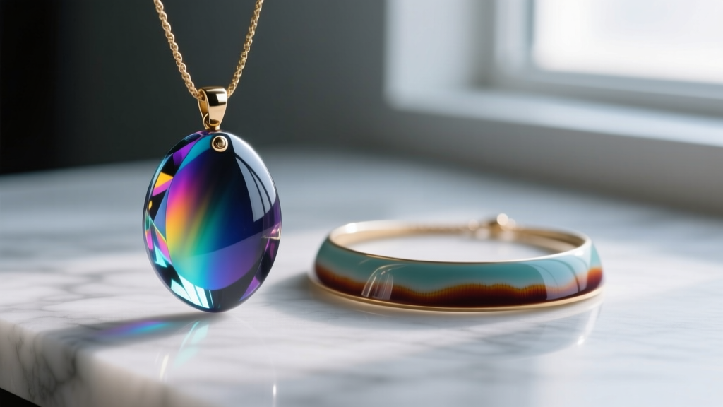 Macro shot comparing a UV-resin colored pendant and a vitreous enamel necklace, highlighting glossy finish and depth differences.