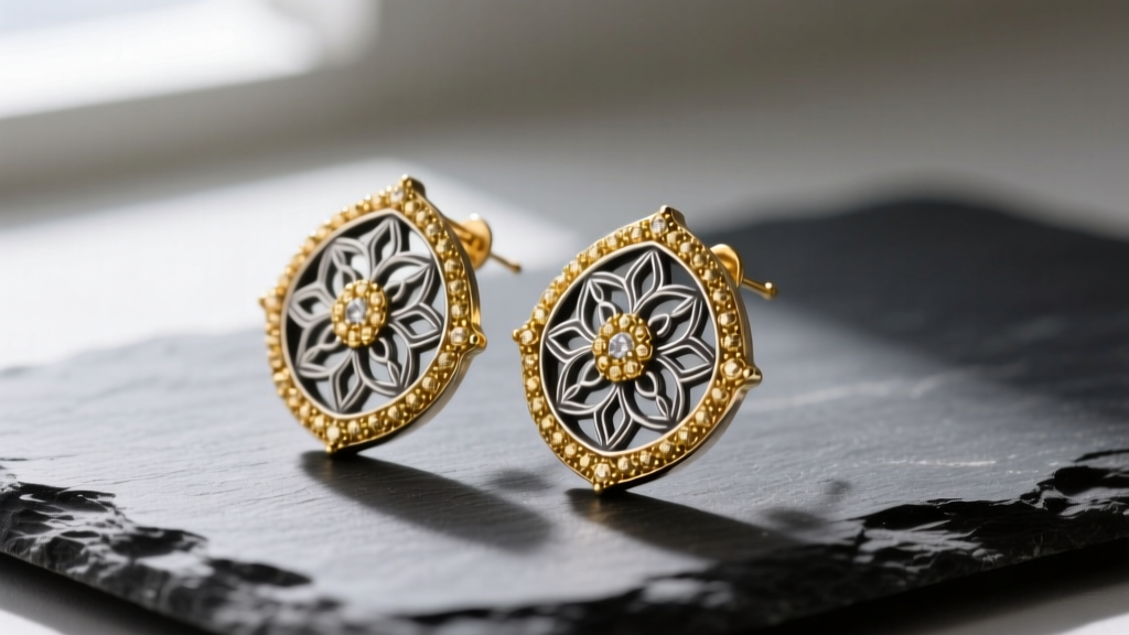 Close-up of Byzantine mixed-metal earrings with 18k gold granulation and oxidized silver filigree on a dark slate surface.