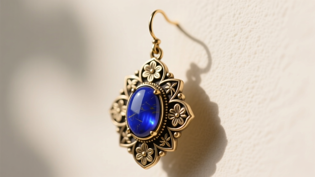Macro shot of a heavy Newari dangle earring showing intricate brass repousse details and a large lapis lazuli cabochon base.