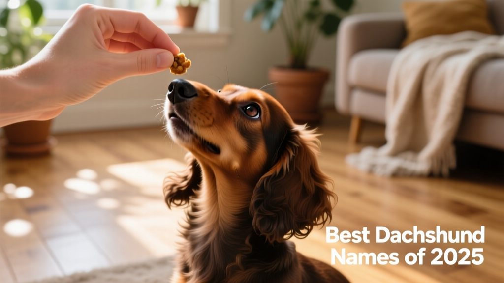 A hand gently holding a treat near a Dachshund’s nose while the dog looks up attentively, illustrating positive reinforcement training