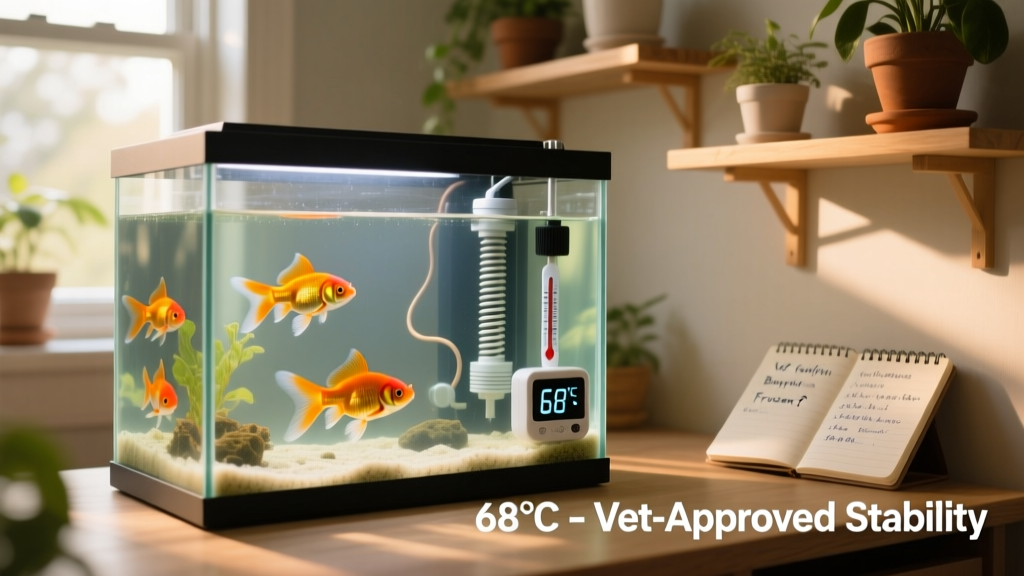 Indoor aquarium setup with goldfish, heater, filter, and thermometer showing stable 68°F reading