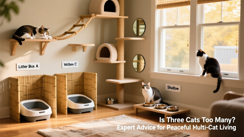 A well-organized multi-cat home with labeled litter stations, separate feeding areas, and climbing shelves