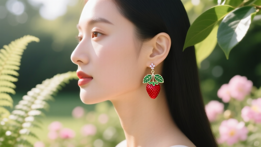 Side profile of a woman wearing strawberry drop earrings with green enamel leaves against a softly blurred sunlit garden background