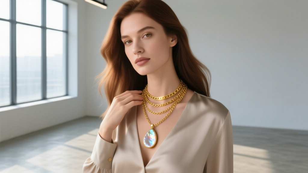 Woman wearing a 16-inch gold chain layered with an 18-inch mother of pearl teardrop pendant, bathed in soft natural daylight.
