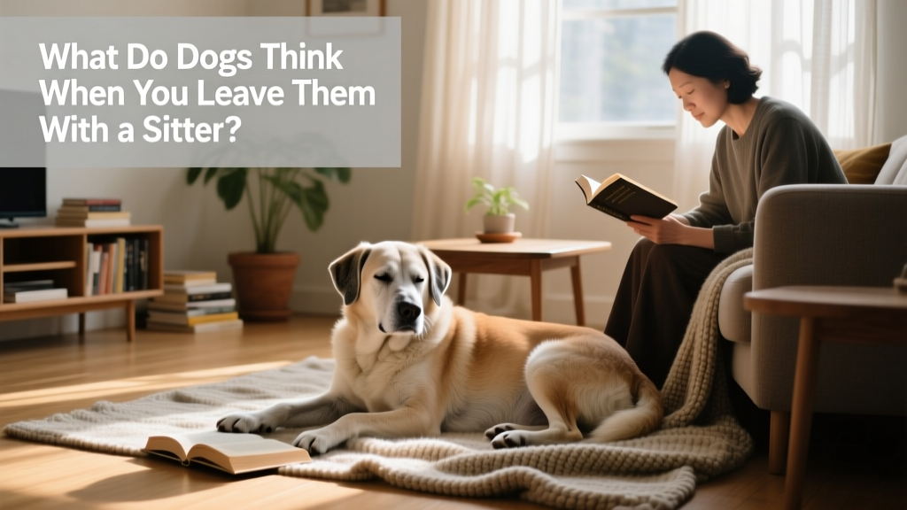 Senior dog resting peacefully beside a sitter reading on the living room floor