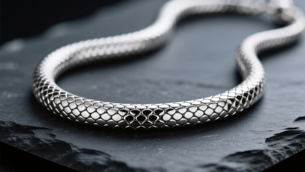 Close-up of a polished 3mm sterling silver snake necklace on dark slate, highlighting its smooth, scale-like tubular metal surface.