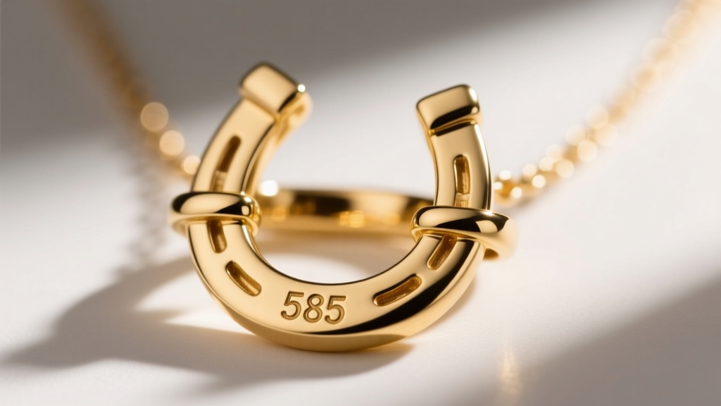 Macro shot of a 14k gold horseshoe necklace clasp, showing the 585 hallmark stamp engraved clearly on the warm polished metal.