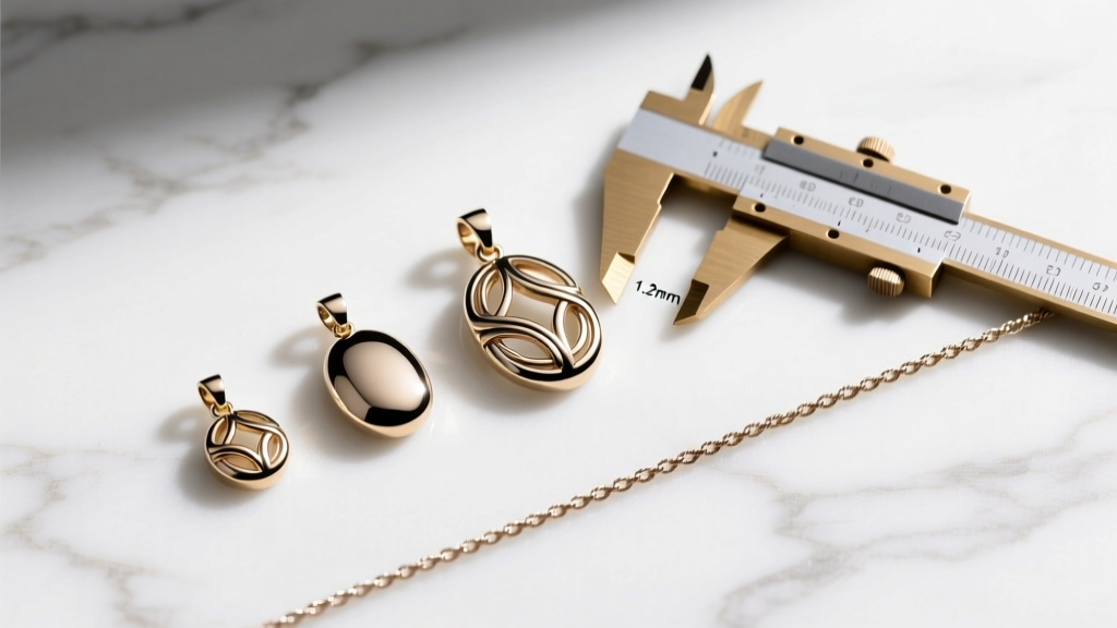 Flat lay of three pendant sizes next to a brass caliper and a 1.2mm cable chain on a white marble surface, top-down view.