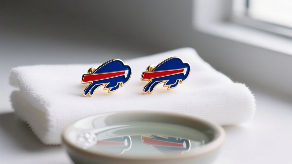 Royal blue and red enamel Buffalo Bills logo stud earrings resting on a microfiber cloth next to a small bowl of soapy water
