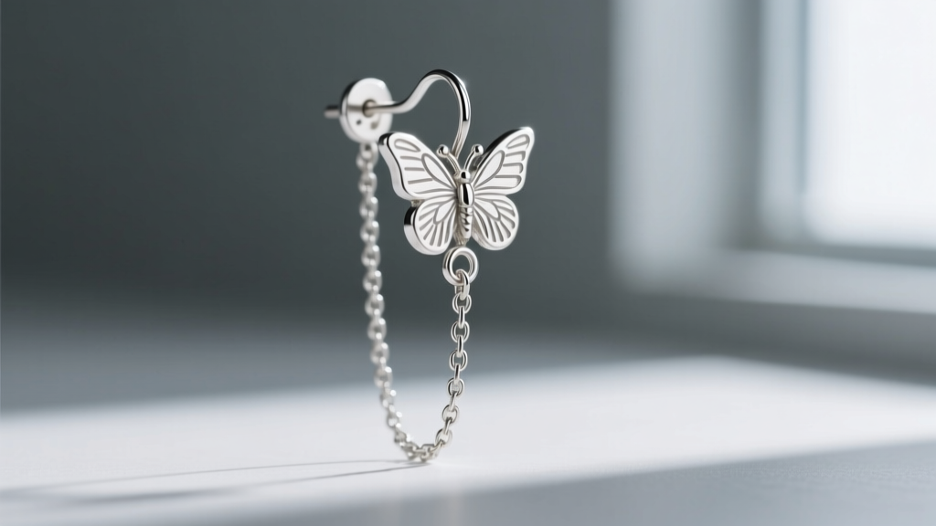 Macro shot of a 20-gauge silver earring post and butterfly backing, showing the solder joint connecting the drop chain.